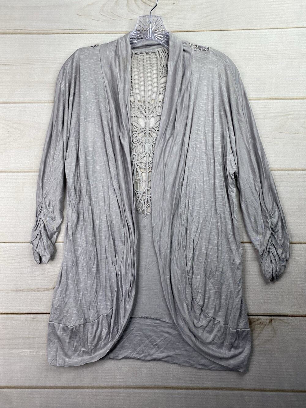 Wet Seal Womens Open Front Cardigan XL Gray Crochet 3/4 Sleeve Lightweight NWT